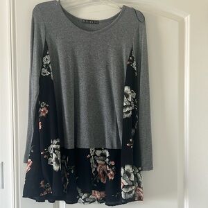 Gray long sleeve light sweater with black floral mesh details